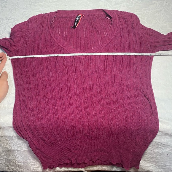 100% Cotton Love by Design Open Knit Sweater V Neck Stretch Longsleeve Fuschia M - Picture 4 of 9